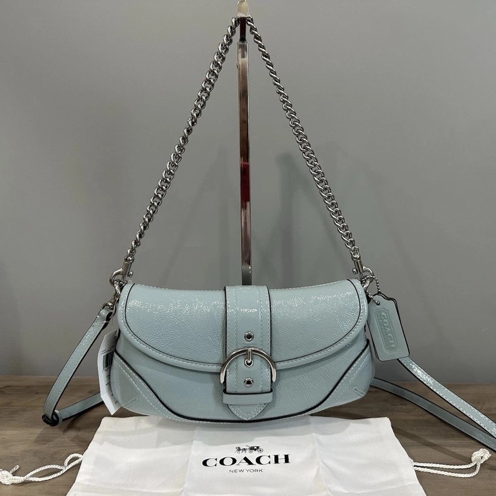 COACH CAN43 Soho Bag 25 Shoulder/Crossbody Crinkle Patent Leather Light Blue - Picture 2 of 14